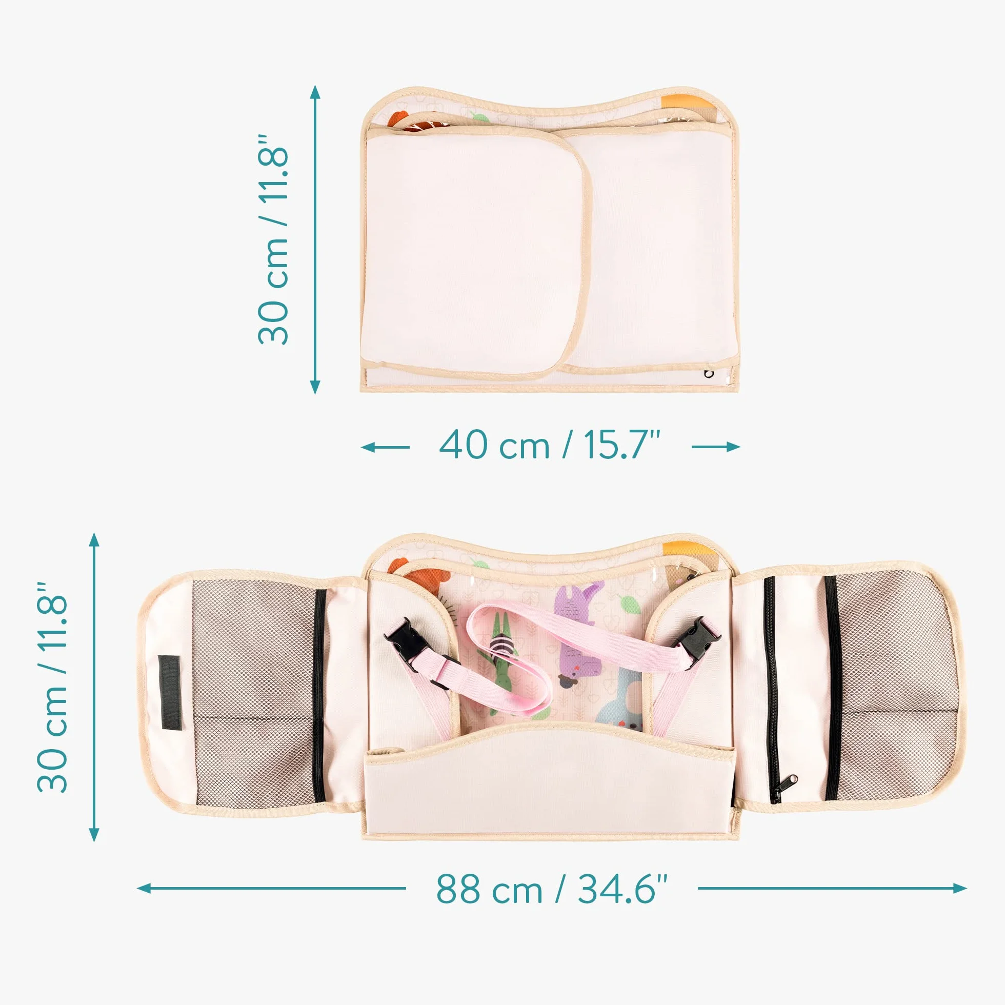 Navaris Mesa de Coche para niños - Bandeja Infantil para Viaje Cochecito avión - para Dibujar apoyar Tablet Snack Botella - Plegable con Bolsillos