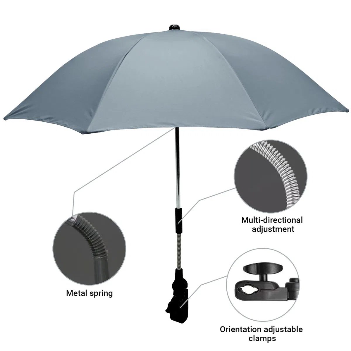Sombrilla Carrito Bebé, Sombrilla para Cochecito de Bebé Universal Anti UV con Abrazadera Ajustable, Parasol Carro Bebe para Cochecito, Gris