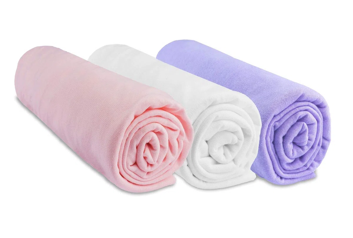 Easy Dort - Juego de 3 sábanas (70 x 160 cm, cama de bebé, 100% algodón, jersey rosa, blanco, parma, extensible, transpirable, sueño saludable, Oeko-Tex de calidad, fabricado en Europa