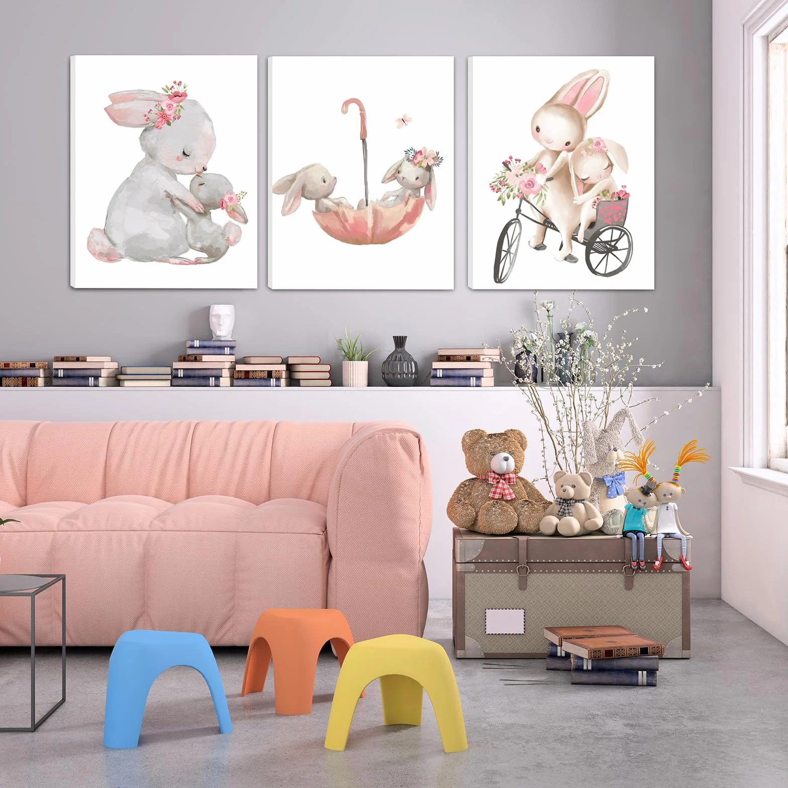Zamety Juego de 3 imágenes para habitación infantil de niña, conejo de conejo, cuadros en lienzo para habitación de bebé con marco, cuadros infantiles para dormitorio, decoración de pared, salón, 21 x