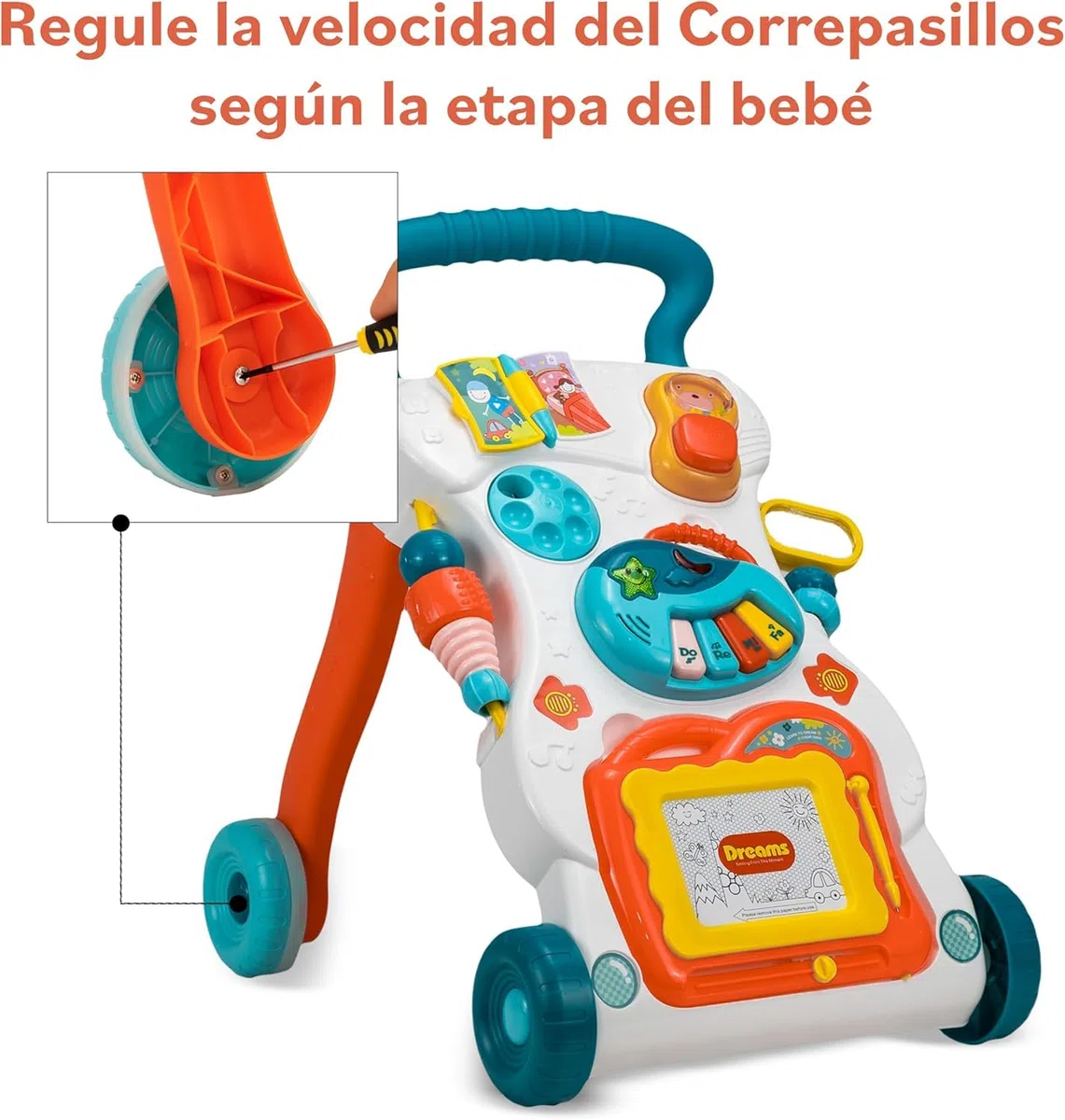 Correpasillos Bebé, Andador Bebé primeros pasos. Ruedas con velocidad regulable. Contiene instrumento musical, Pizarra y juguetes, a partir de 12M+ (BLANCO)