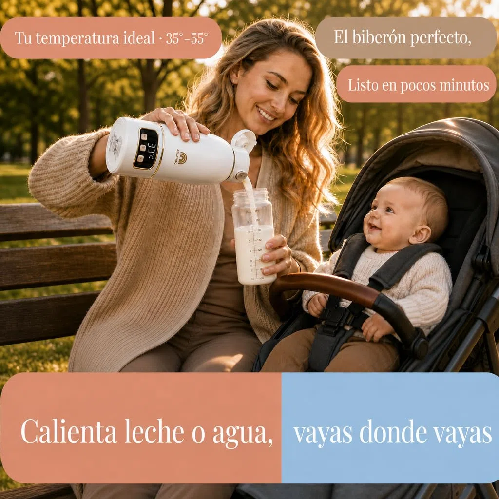 Calentador de Biberones Portátil Sin Cable 500ml, Agua y Leche Materna, Viaje/Coche/Noche, Cepillo Incluido, Diseño Dorado Premium Auto-Pasteurización