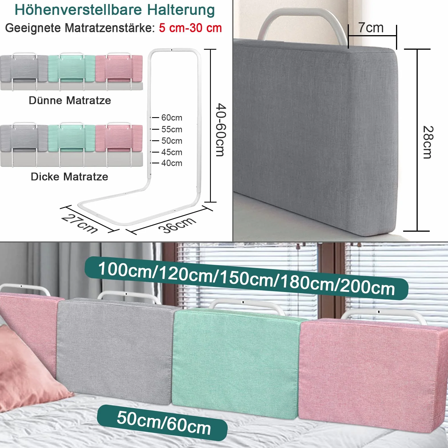 UISEBRT Barrera protectora para cama infantil, 60 cm, 5 agujeros, altura regulable, protección anticaídas, para cama familiar y cama infantil (60 cm, rosa cerezo)