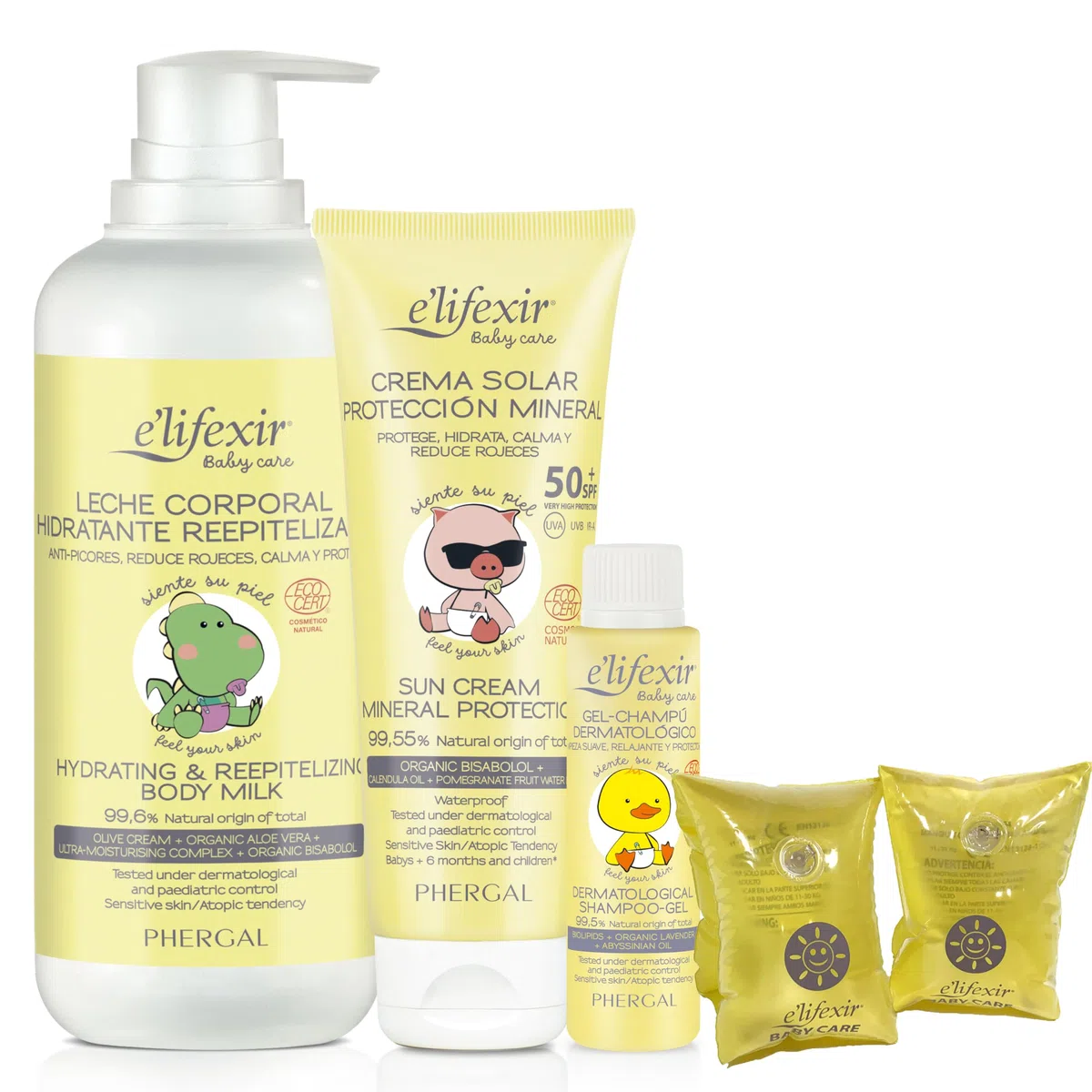 Baby Care de Elifexir | Pack Especial Verano | Protector Solar SPF 50+ (100 ml) + Crema Hidratante (400 ml) + Minitalla Gel-Champú (50 ml) + Manguitos | Protección Completa del Bebé