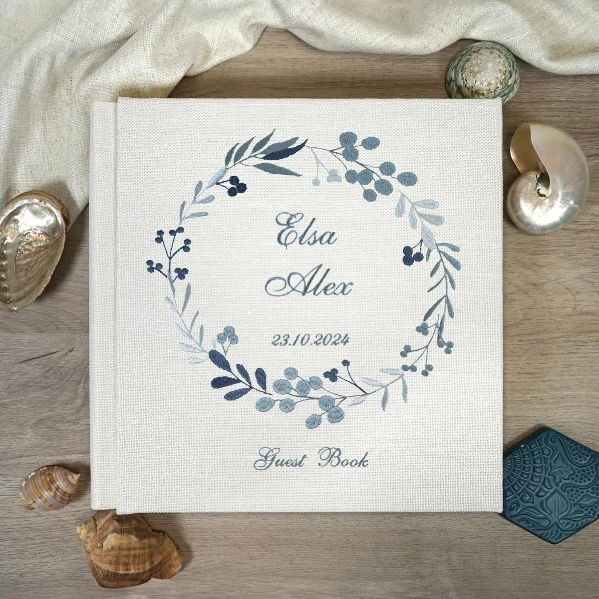 Álbum de fotos bordado, Álbum personalizable - para fotos para pegar - fotos polaroid - Tapa de lino - 60 páginas marfil con papel de seda (Lino, 30x30 60 pagine)