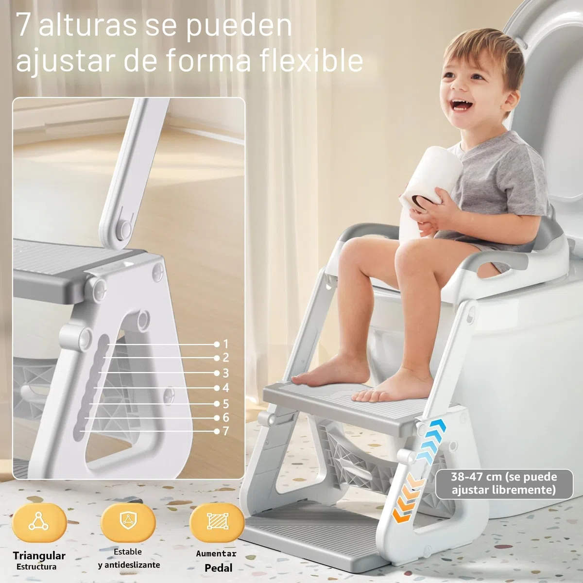 Adaptador WC Niños con Escalera,Reductor WC Niños,Adaptador Baño para Niños,Escalera WC para Niños,Ajustable,Plegable,PVC Cojín Acolchado,Antideslizante,para Inodoros en Forma de V, U o O