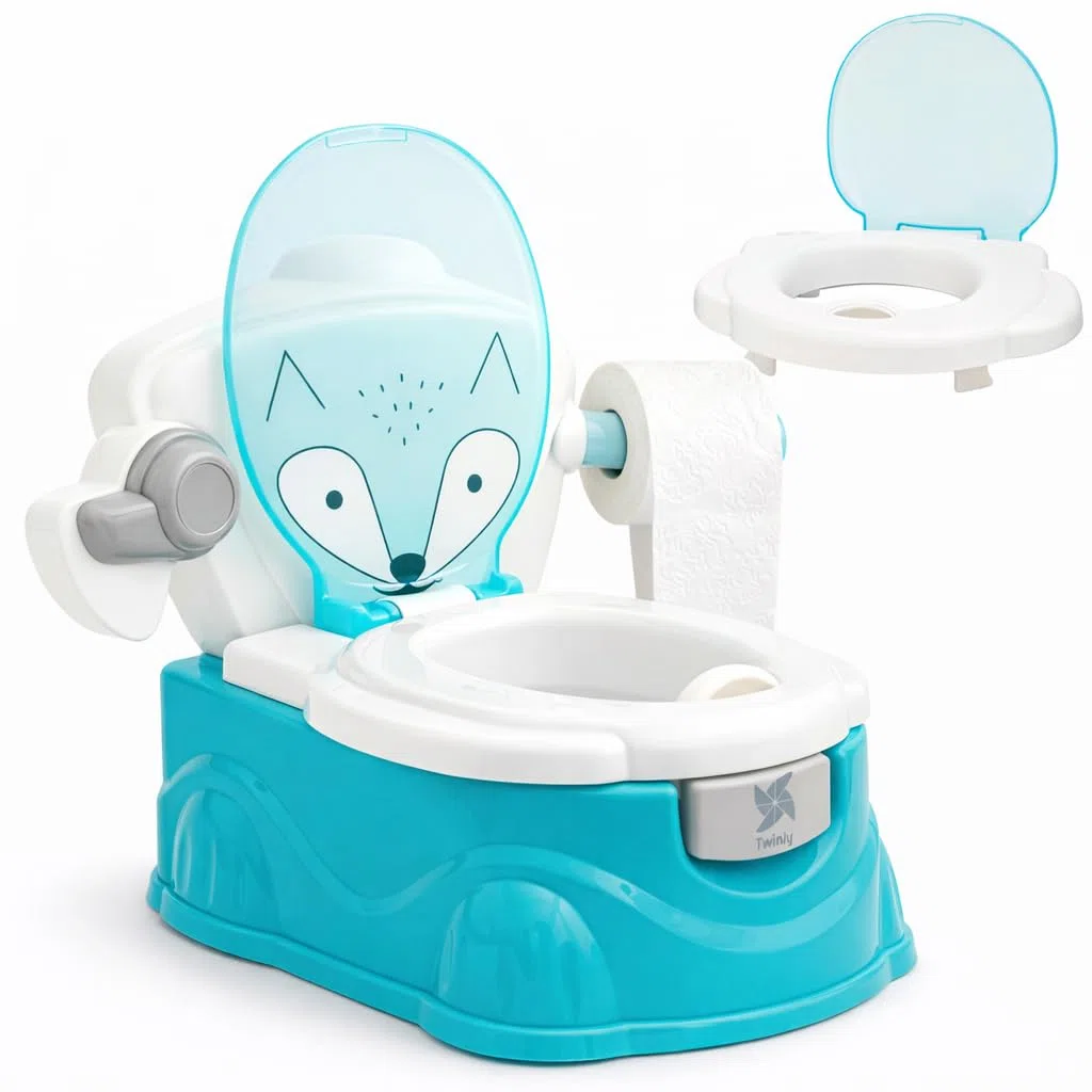 Twinly Foxy - Orinal Bebé 3 en 1 - Orinales Infantiles con Tapa - Inodoro WC Niños con Reductor de Váter Extraíble, Portarrollos y Vaso Interior de Fácil Limpieza (Azul)