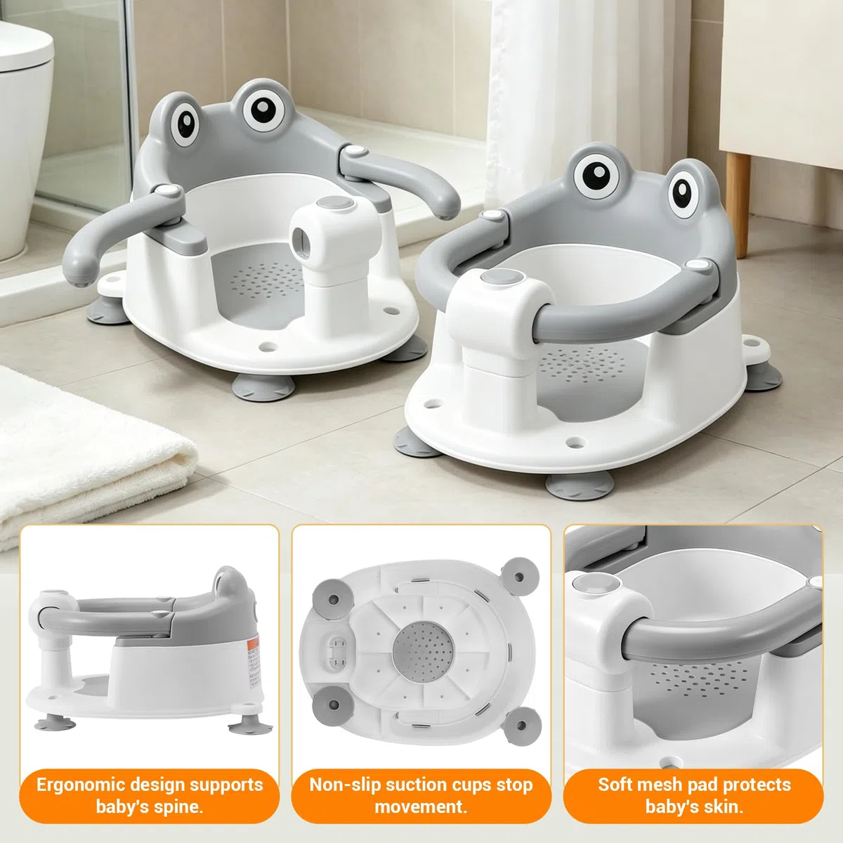 Asiento de Baño para Bebés desde 6 Meses, Diseño Antideslizante con 4 Ventosas Resistentes para Máxima Estabilidad, Construcción Portátil & Segura para Ducha o Bañera, Bebés