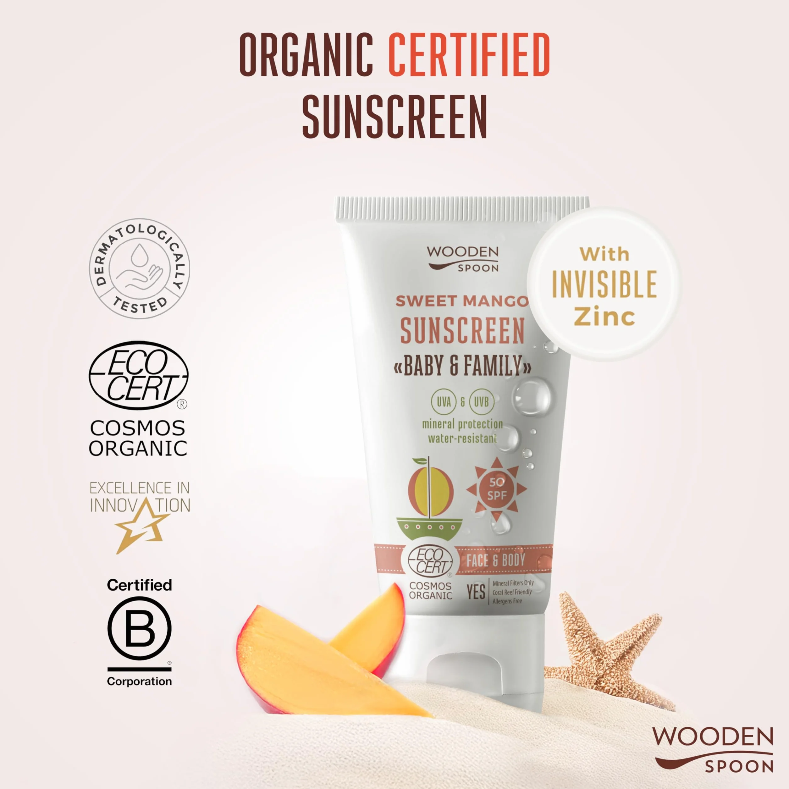Wooden Spoon Crema Solar Orgánica Bebé y Familia “Sweet Mango” SPF 50 – 100% Natural, Zinc Invisible, Sin Rastro Blanco, Hipoalergénica, Vegana, Resistente al Agua – 150 ml