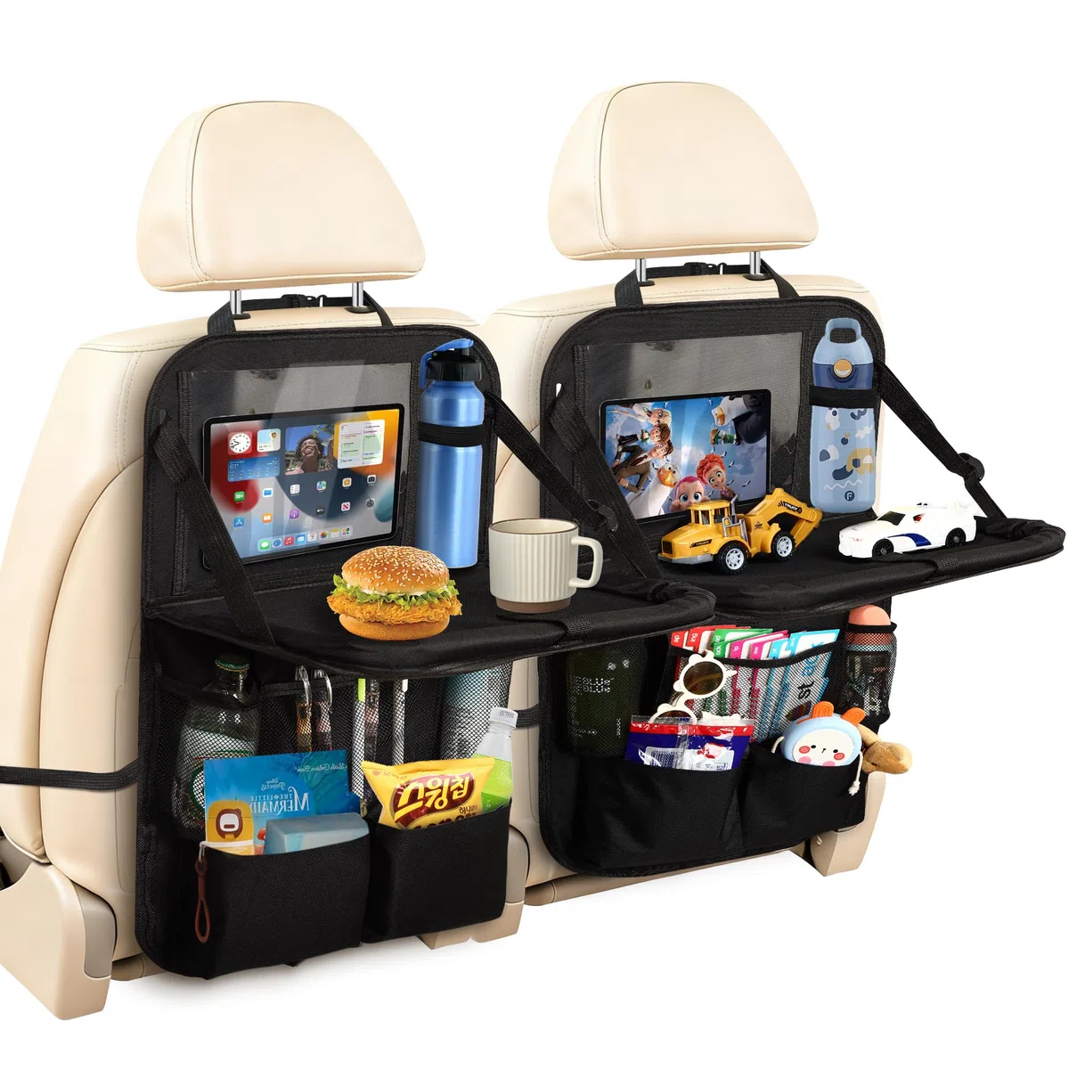Organizador Asiento Coche 2 Piezas, Negro con Mesa Plegable, 10 Bolsillos, Funda Tablet Táctil | Organizador Coche Universal para Viajes con Niños (2)