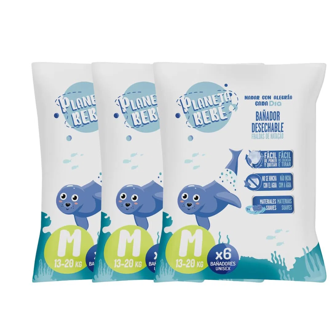 Planeta Bebé Pañales Acuáticos Tipo Braguita, Talla M 13-20 kg, Unisex, 18 Unidades, Lote de 3 Paquetes