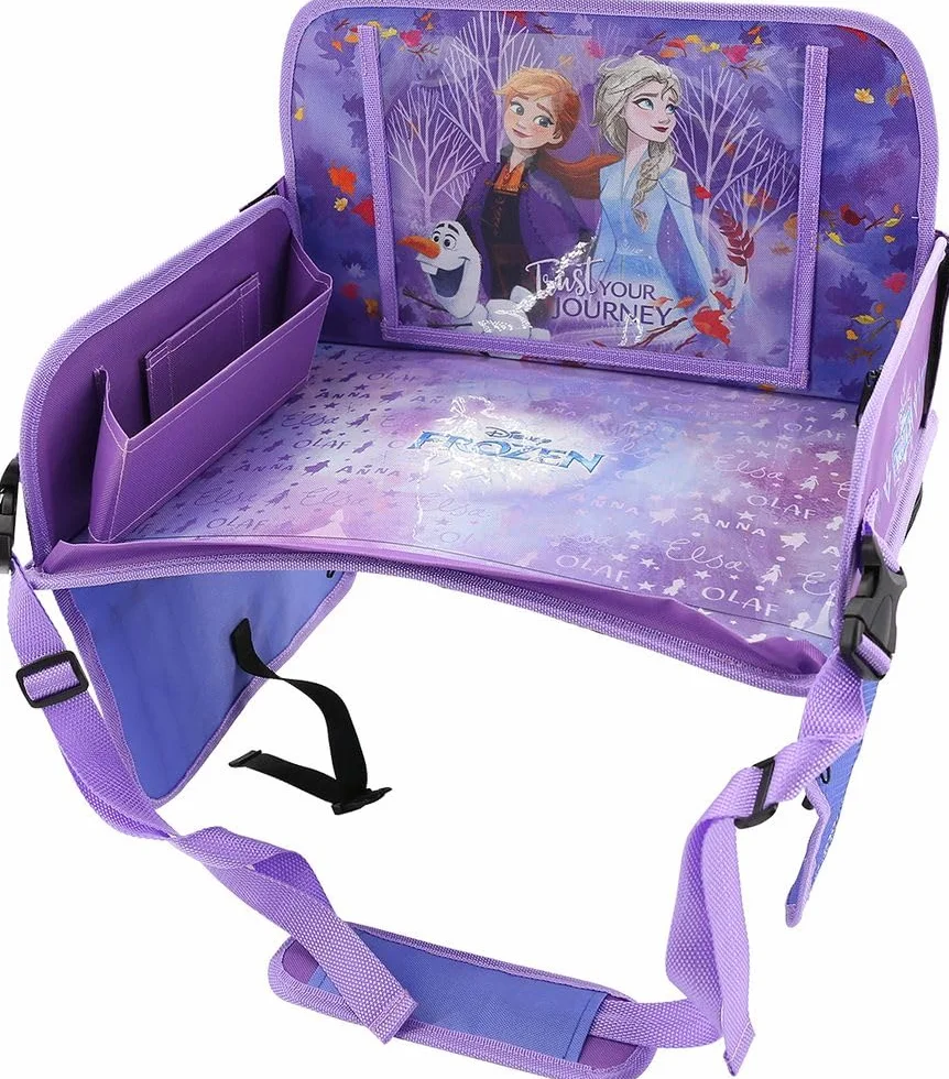 Disney Frozen - Mesa de viaje para coche – Bandeja para niña con gráficos Elsa Anna Olaf – Cómoda y ajustable – Mesa con bolsillos portaobjetos – Estante multifunción para dibujos y aperitivos