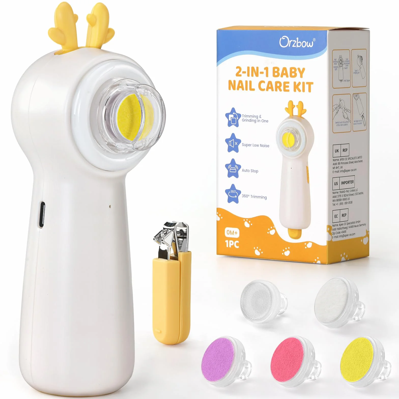 Lima Electrica Uñas Bebe, Lima Uñas Bebe con Cortauñas Bebe, Recargable, Iluminado, 5 Cabezales de Esmerilado, Apto Para Todas Las Edades, Bajo Nivel de Ruido, Fácil de Manejar, Ciervo Amarillo