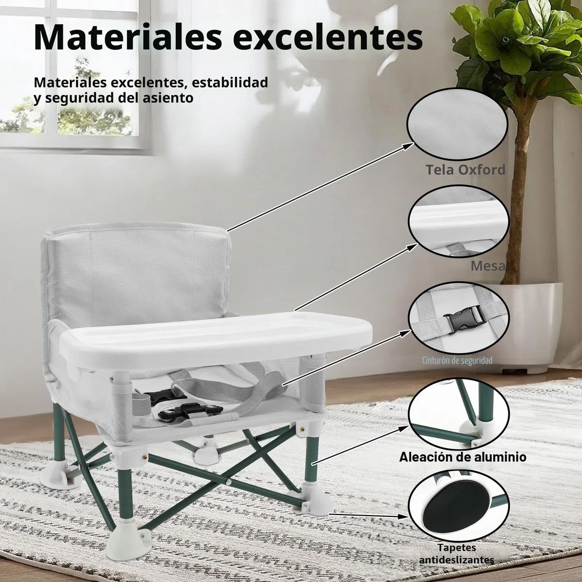 Silla de camping para bebé, trona de viaje para bebé con cinturón de seguridad infantil y compartimento de almacenamiento trasero, plegable, con forro extraíble para interior y exterior (gris)