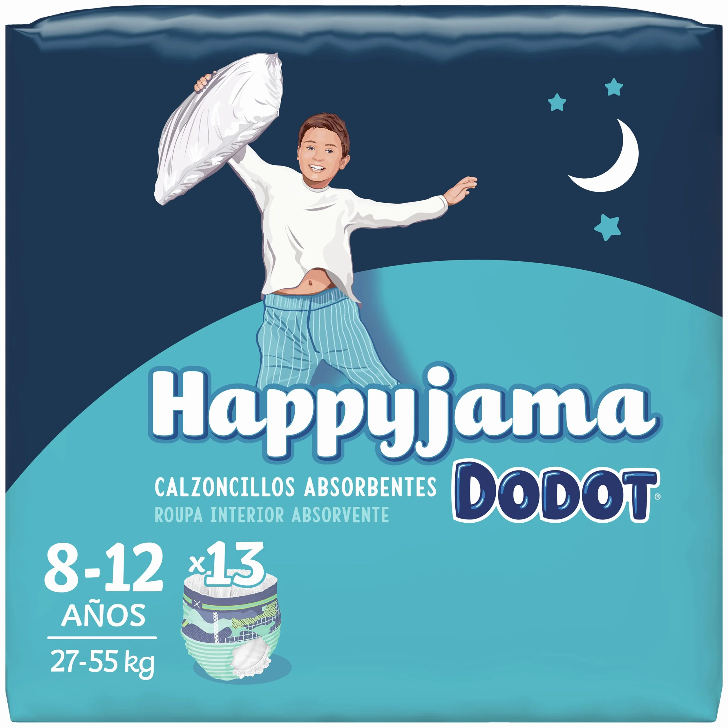 Dodot HappyJama - Pañales Niño 8 - 12 Años, 13 Unidades, 27 - 55 kg, Protección anti-fugas Durante La Noche