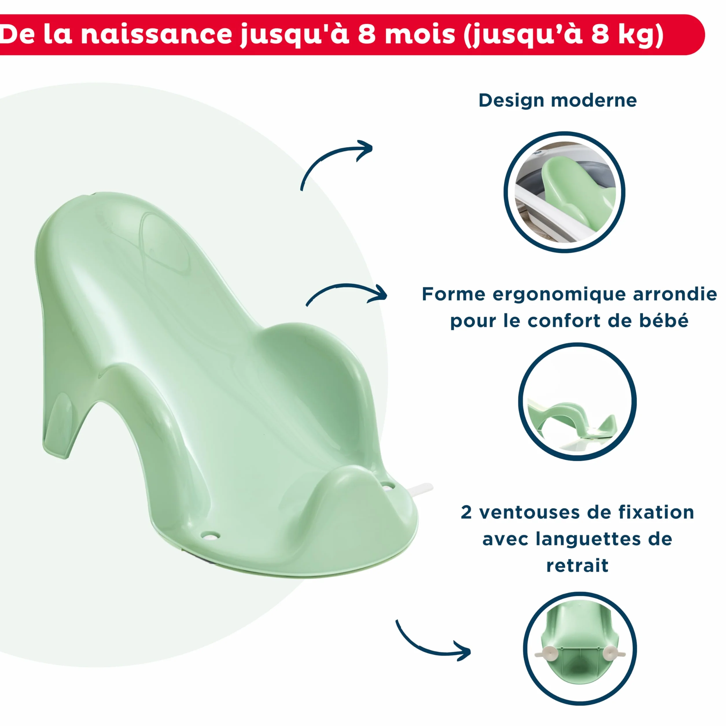 THERMOBABY ATOLL - Hamaca de baño de bebé - Ergonómico - Cómodo - Desde el nacimiento hasta los 8 meses - Verde Celadón - Fabricado en Francia