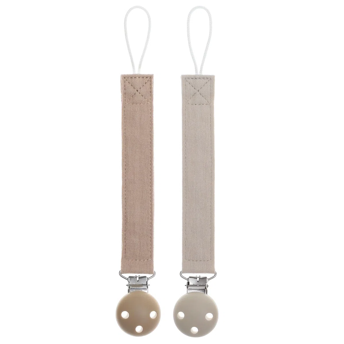 Cadena para chupete, soporte para chupete de cinta de algodón y clip de silicona para niñas y niños, cadena para chupete de bebé, regalo para bebé, sin BPA, paquete de 2 unidades (arena + gris