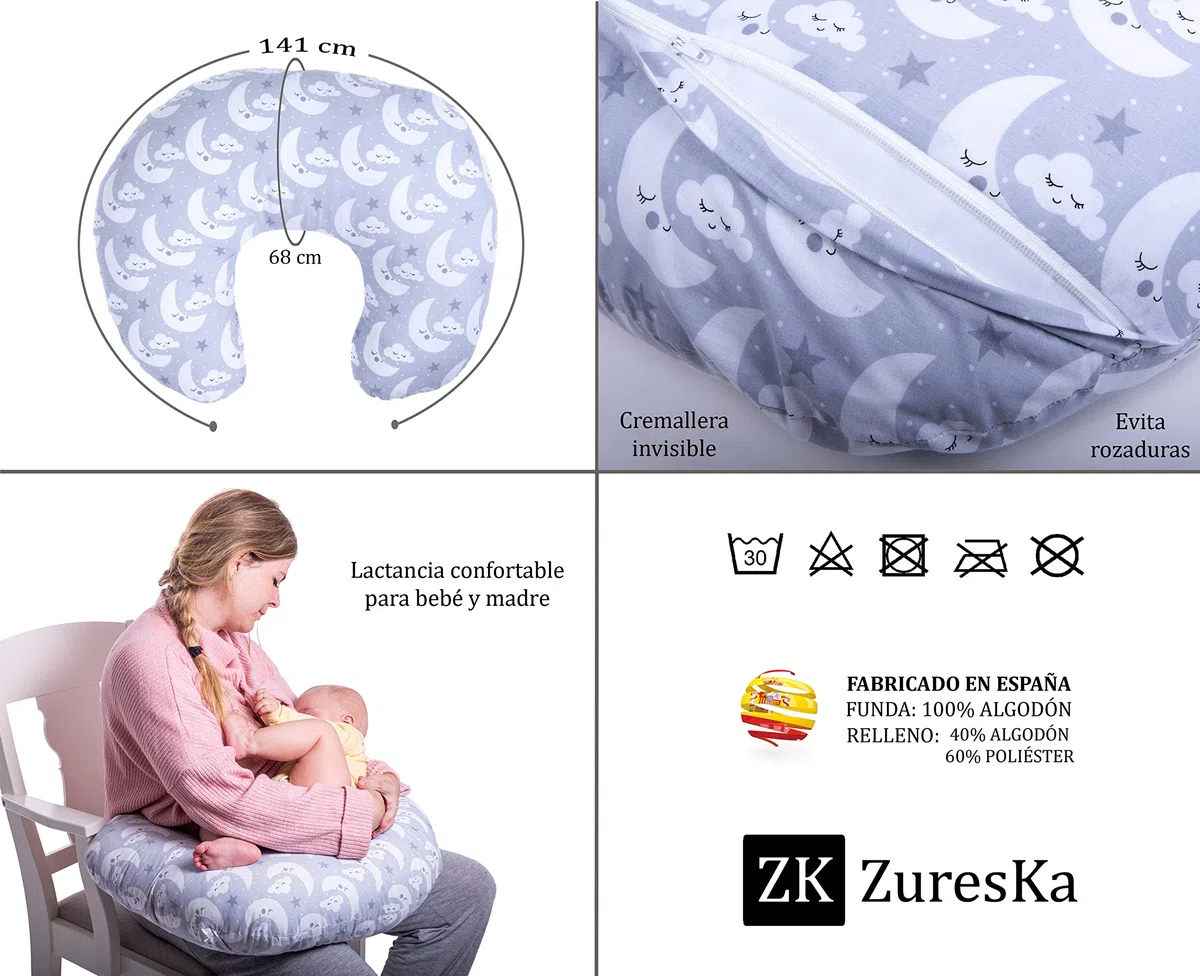 Cojin Lactancia Bebe. Cojín Bebé Embarazada con Funda Desenfundable y Lavable. Multiusos Maternidad. (1, Gris_Lunas, Normal)