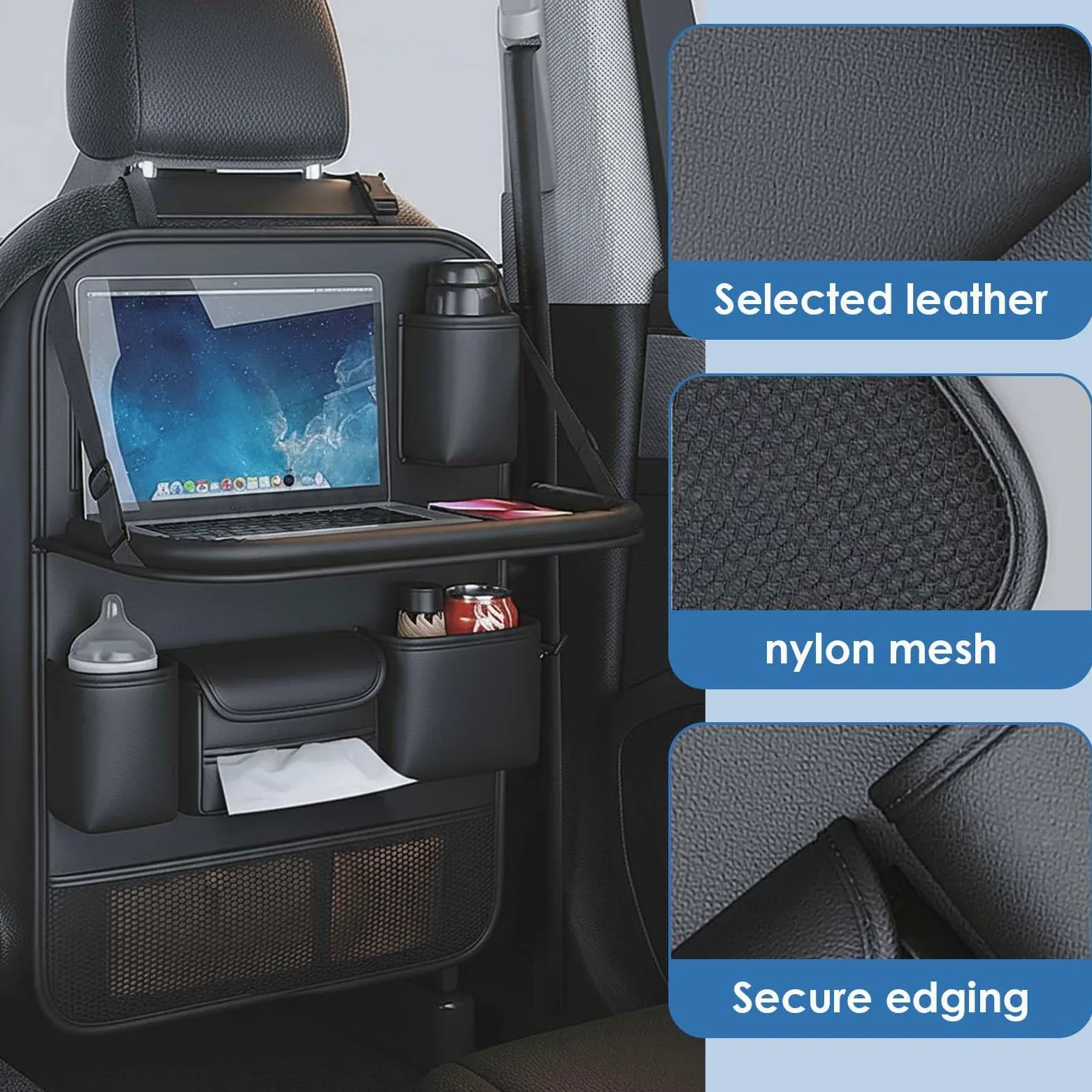 Organizador Coche Asiento, Protector Asiento Coche Respaldo, Multi Bolsillo Almacenamiento de Coche, Organizador para Coche con Mesa Plegable para iPad Tablet Botella Bebida, Negro, 61x42 cm