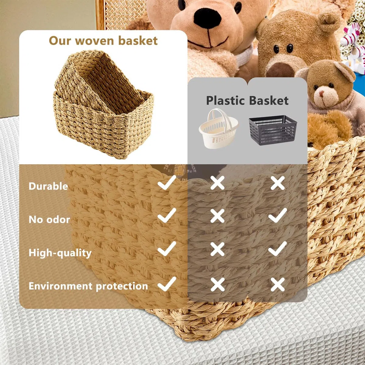 Juego de 4 Cestas de Mimbre Apilables, Cestas de Almacenamiento Trenzadas, Cestas de Cuerda de Papel Reciclable, Cestas Almacenaje, Cesta Mimbre Para Baño, Mesas, Cocina, Salón