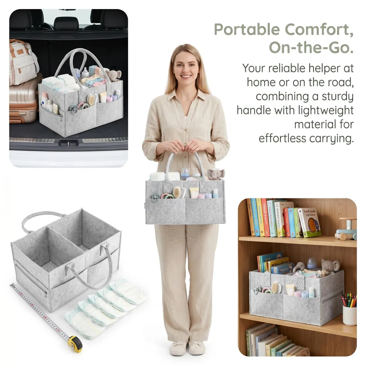 Nivofu Organizador de Pañales, Cesta Portátil con Compartimentos para Cambiador, Hogar Coche Viaje, Gris