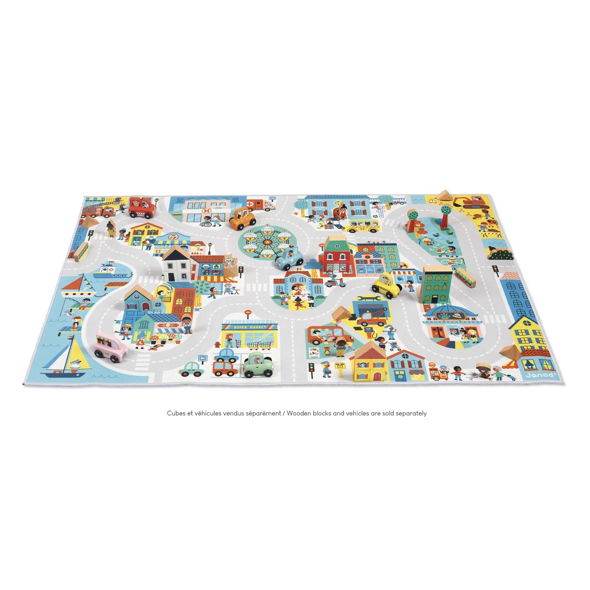 Janod - Alfombra de Coche Infantil - Tema Ciudad - Suave y Antideslizante - Motivo Urbano - Alfombra de Habitación para Niños y Niñas - 120 x 78cm - Lavable a Mano - A Partir de 2 años - J05910