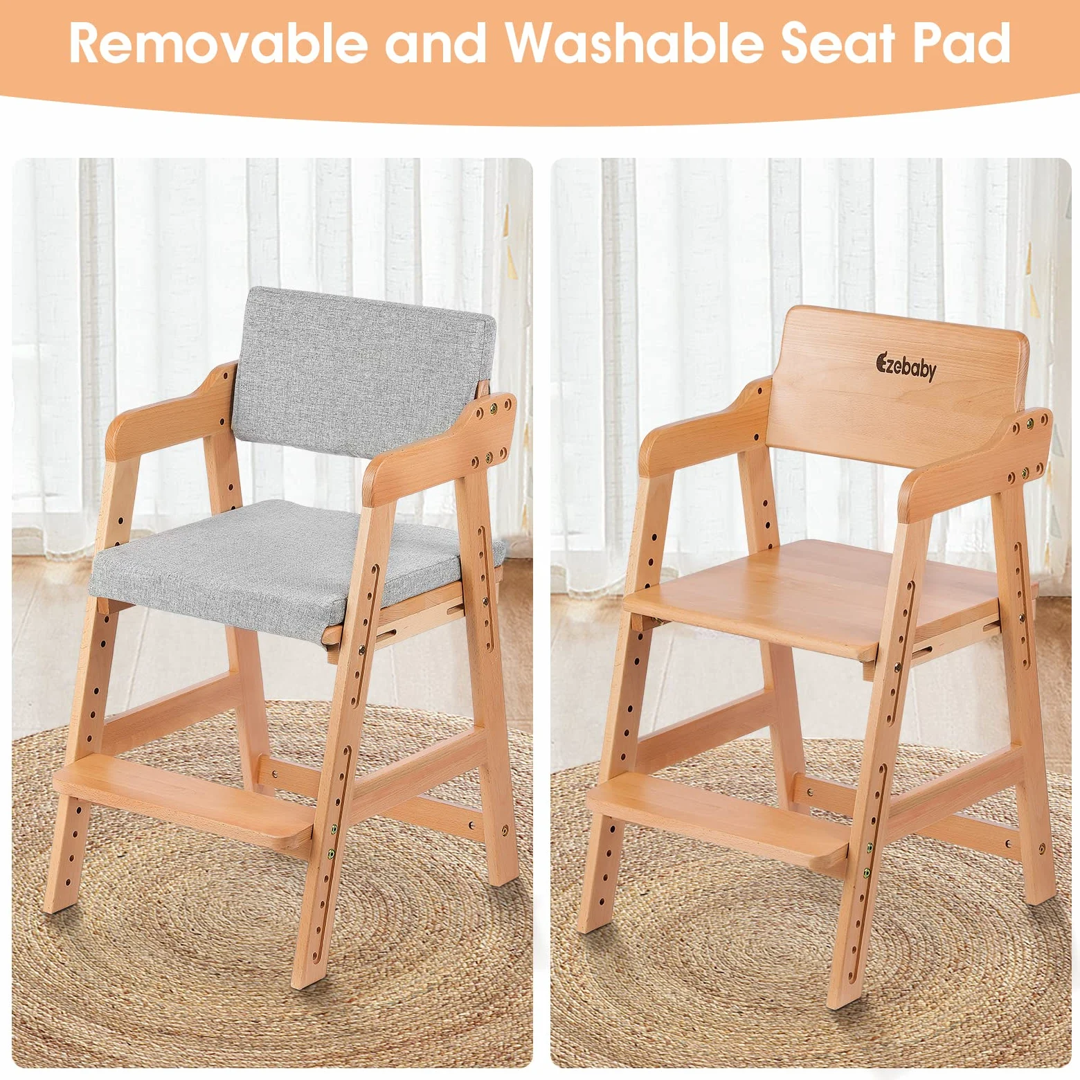 Ezebaby Trona de madera de haya para niños, silla de profesor de 6 niveles de altura regulable, estable y segura hasta 90 kg para niños y adultos (Color madera)