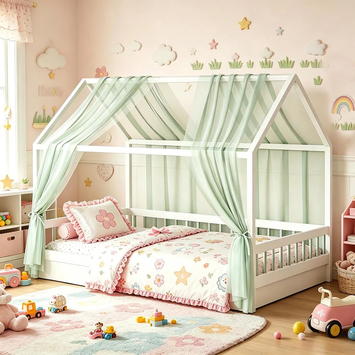 MeYuxg Juego de Dosel para Cama de Casa 2 Piezas, Dosel para Cama de Casa Decoración,150x 350 CM Algodón Orgánico,Dosels para Cama de Casas Transpirable, Muselina para Cuna