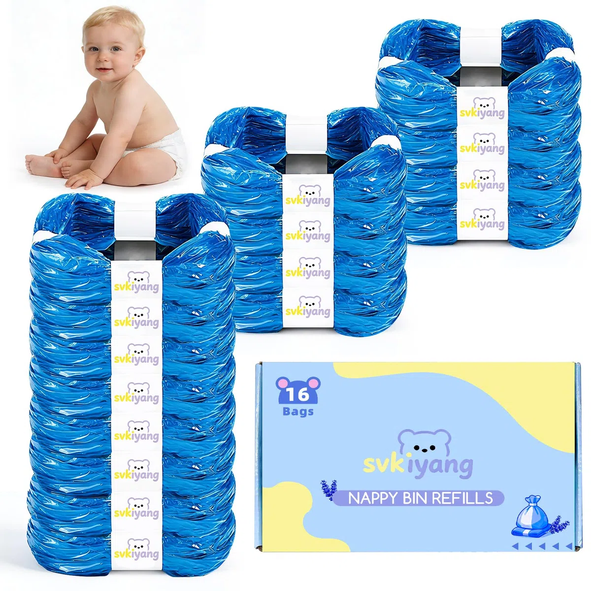 16 cartuchos de recambio para cubos de pañales, 7 capas, material EVOH antibacteriano y desodorizante, bolsas de pañales gruesas y duraderas, compatibles con cubos de pañales y cubos para gatos