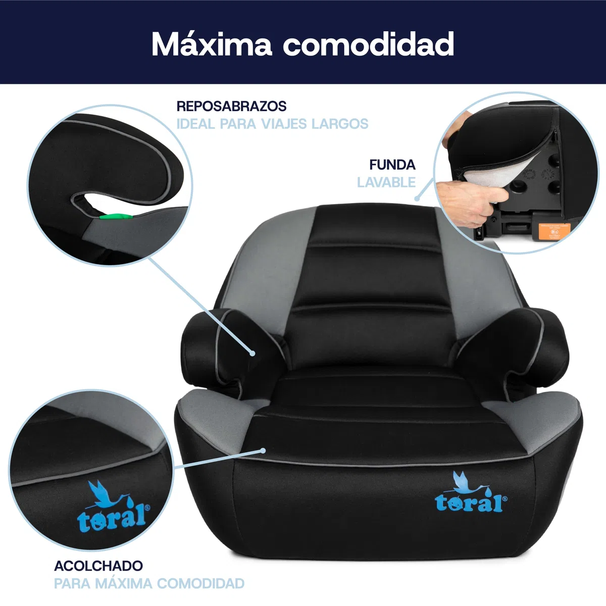 toral - Alzador Coche Niño Isofix i-Size - Asiento Elevador Niño - Se puede utilizar también sin Isofix - Silla Coche grupo 1 2 3 - Modelo Monza Negro