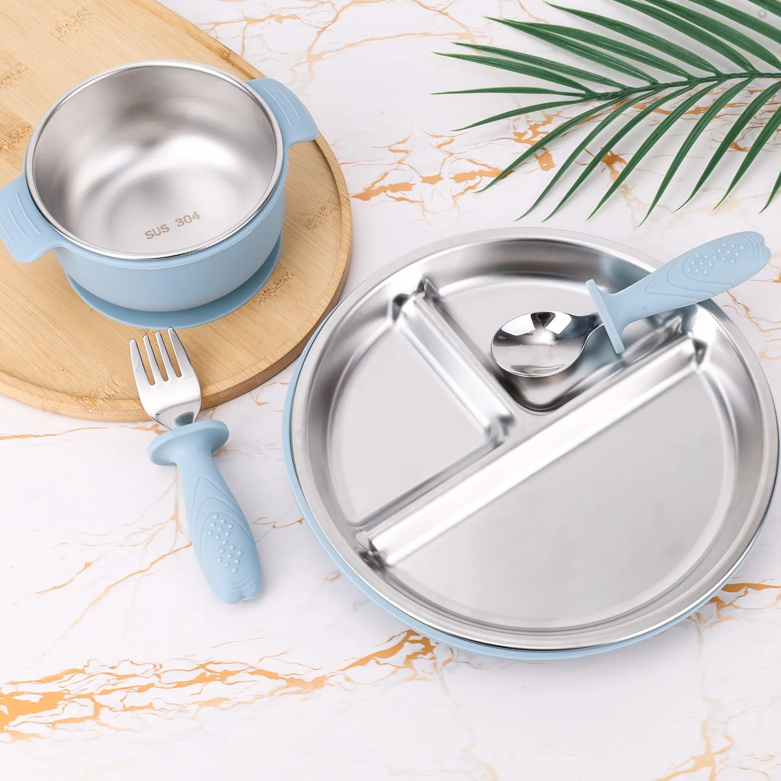 lasuroa Juego de 4 Platos de Acero Inoxidable para Bebé: Incluye 1 Plato con Compartimentos y Ventosa, 1 Tazón con Doble Asa, 1 Tenedor y 1 Cuchara Bandejas para Aperitivos y Artículos Alimentación