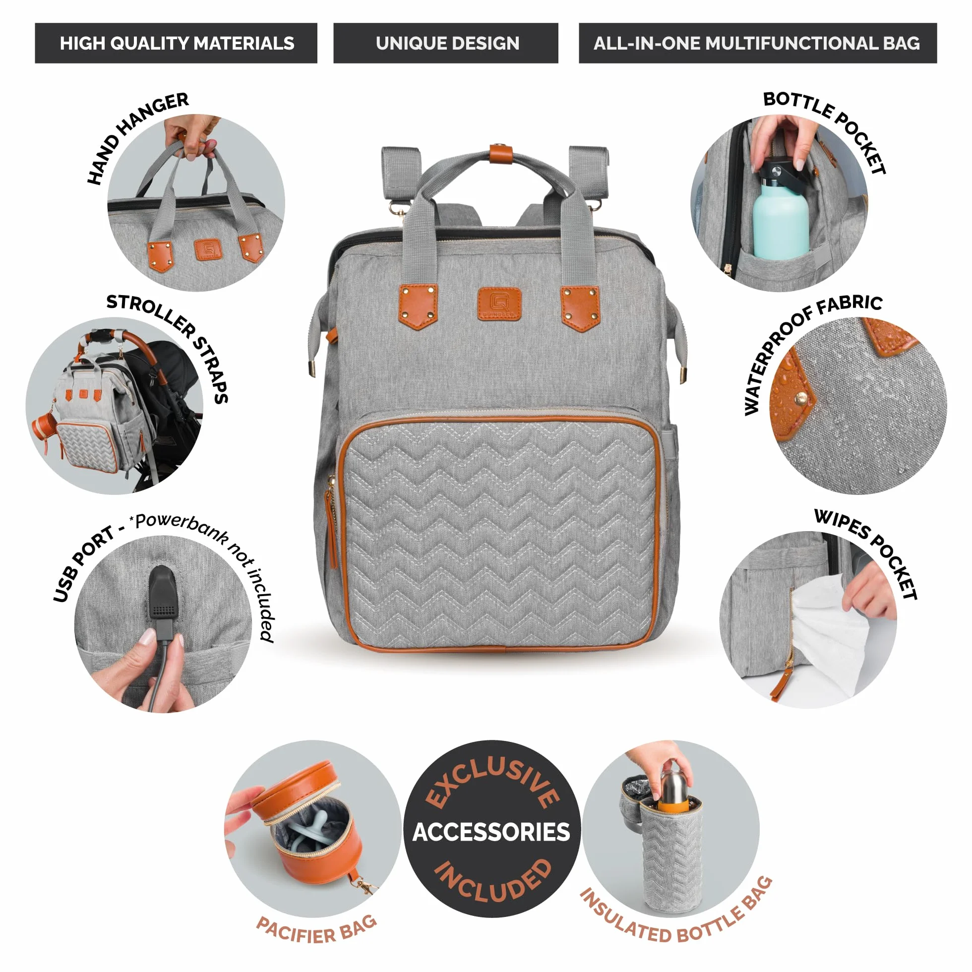 Bolso para Carrito de Bebé Mochila de Pañales con Cuna Extensible QUINO&CO. Unisex con Ganchos Carro, Funda para Biberones, Chupetero, USB | Regalo Bebes Recien Nacidos (Gris)