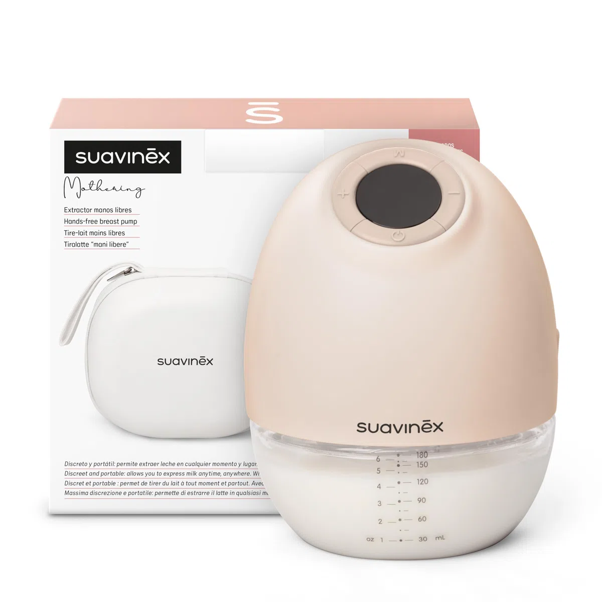 Suavinex, Extractor Leche Materna, Sacaleches Manos Libres, Sin Cables, Sin Tubos, con Batería, 3 Modos y 9 Intensidades de Succión, con Adaptadores, Estuche y Cepillo, Pantalla Led, Depósito 180 ml