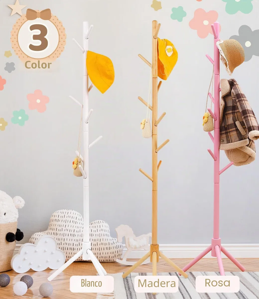 Perchero de madera de haya para niños, soporte de altura ajustable con 9 ganchos, organizador de ropa infantil independiente para pasillo, dormitorio, fácil montaje (natural)
