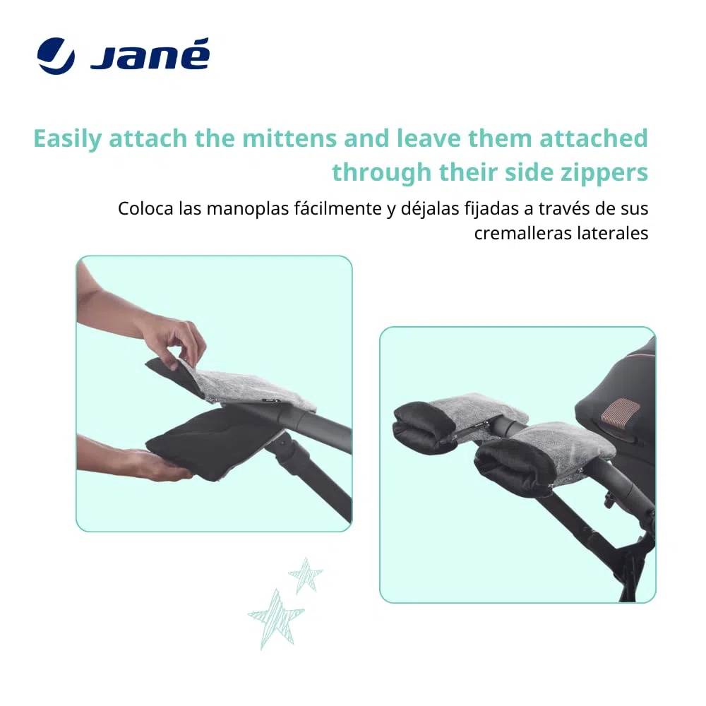 Jané Manoplas Carrito Bebé Invierno, Universales con Cremallera, Forro Polar Interior, Protección Frío y Viento, para Manillar Abierto y Cerrado, Gris