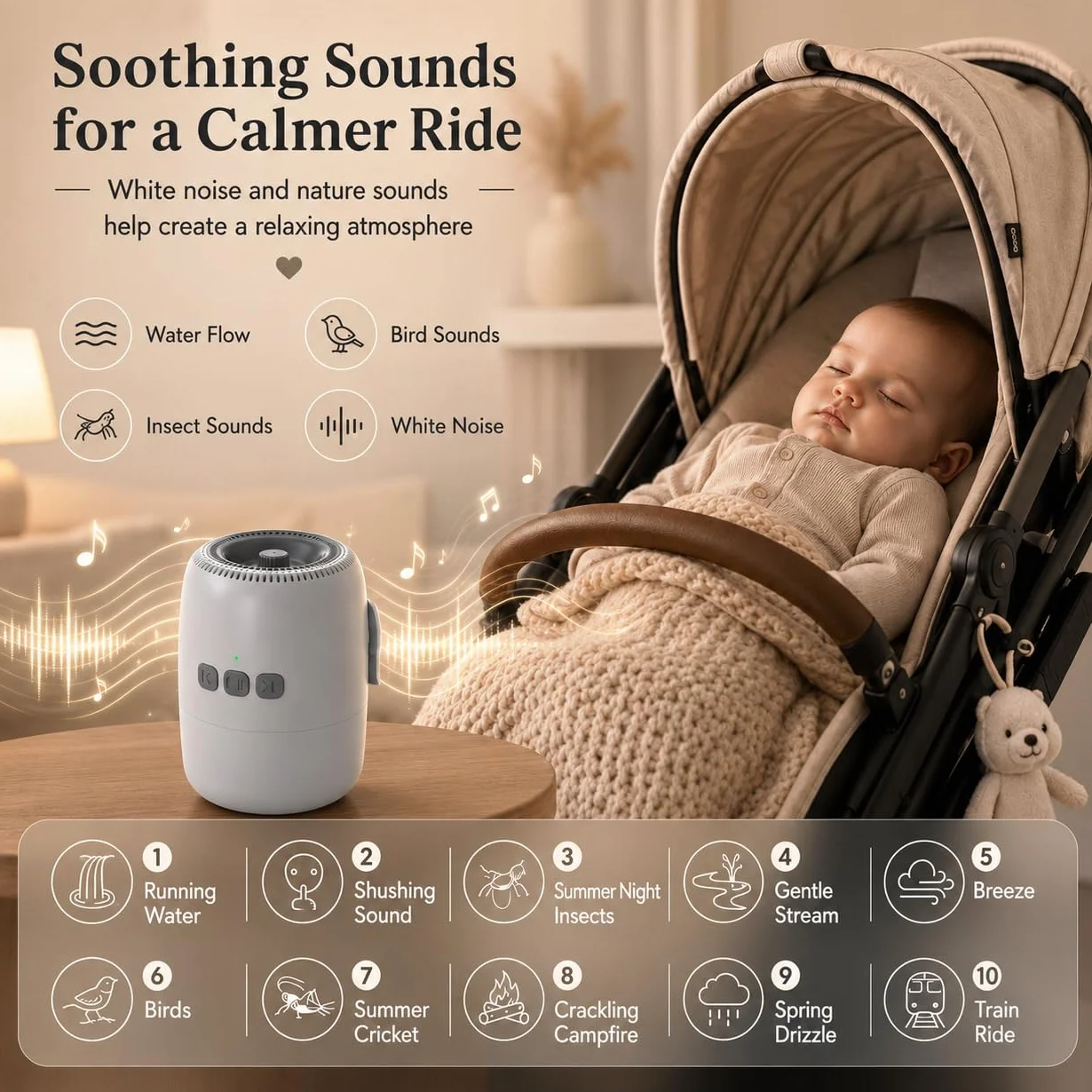 Baby Rocker Recargable, Mecedora Carro Bebe con 5 Niveles de Balanceo y Ruido Blanco - Ajustable, Ultra Silencioso, USB-C, 2 Soportes Universales para Todos los Cochecitos (Gris)