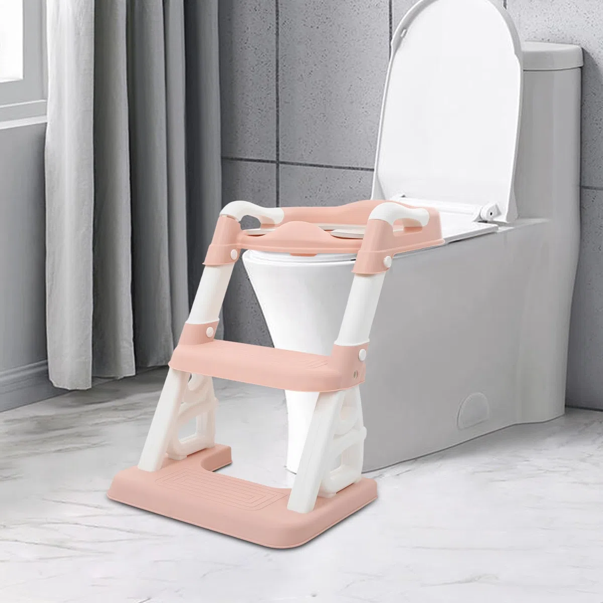 Asiento de inodoro para niños, asiento de inodoro con escalera y asas, altura ajustable, accesorio de inodoro plegable para niños, niños, niñas, bebé