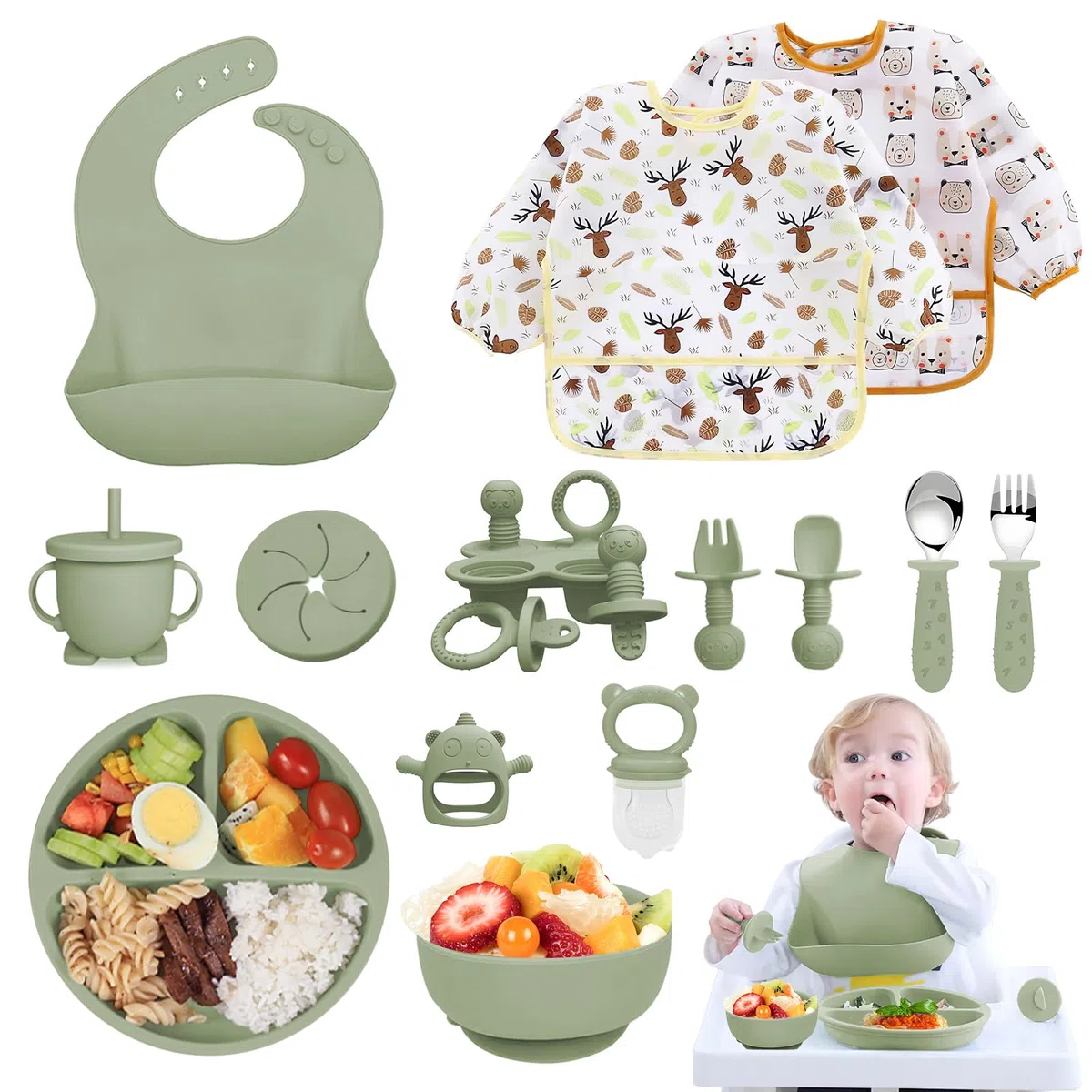 Vajilla Bebe Silicona, 14 Piezas Juegos de Vajilla Bebe Antideslizante con Platos Cuenco Babero Cuchara Bebe Taza, Cubiertos Bebe, Baby Led Weaning, Sin BPA, Cubiertos Infantiles (Verde)