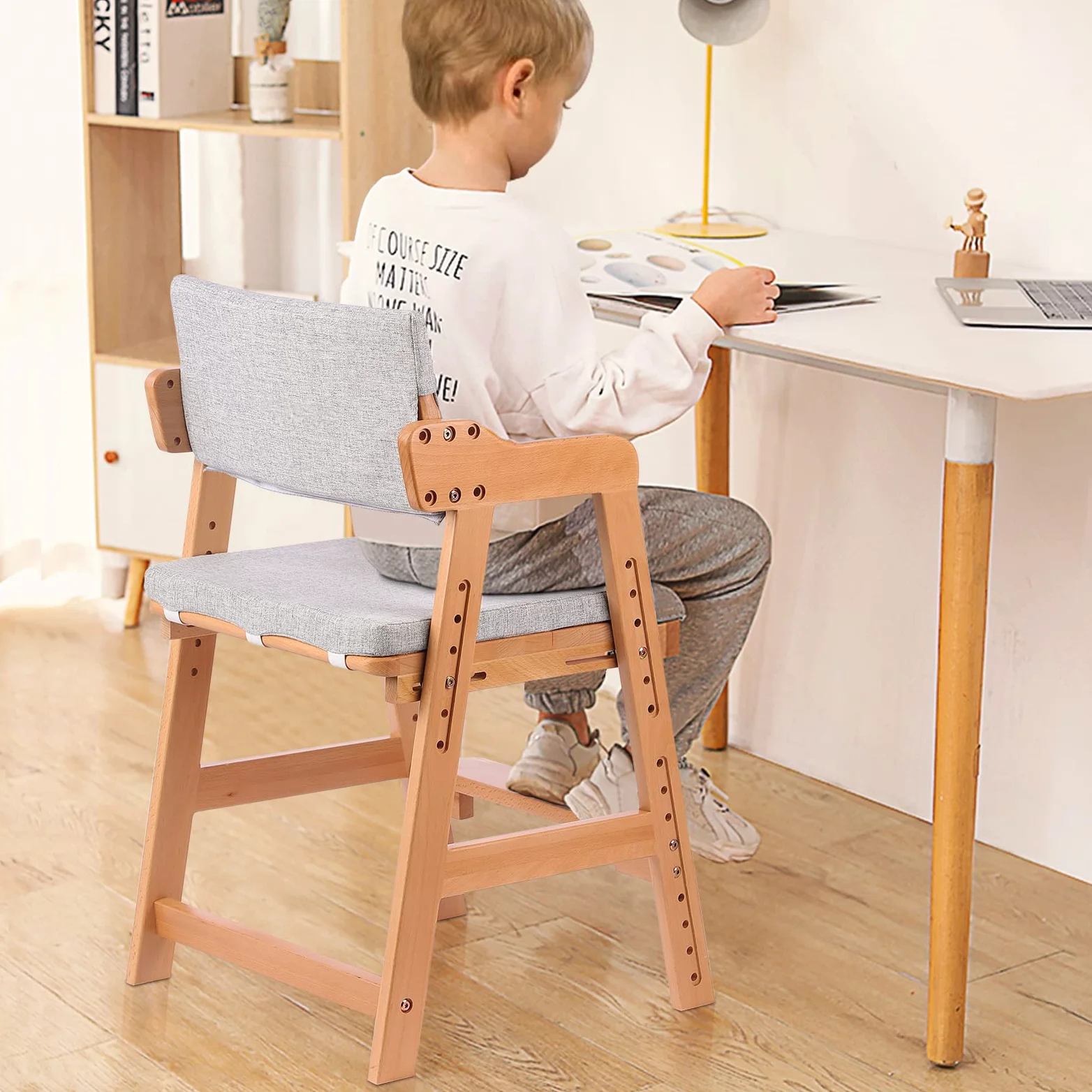 Ezebaby Trona de madera de haya para niños, silla de profesor de 6 niveles de altura regulable, estable y segura hasta 90 kg para niños y adultos (Color madera)