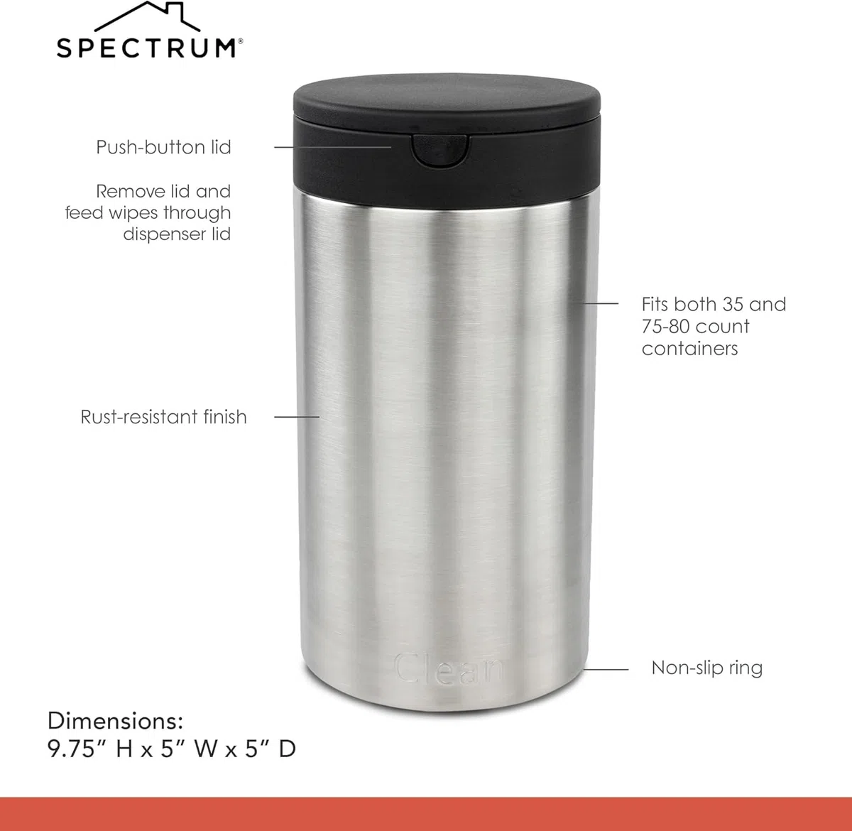 Spectrum Disinfecting Wipes Container with Push Button Lid - Refillable Dispenser for Bathroom, Kitchen, Classroom, Countertop, & Home - Stainless Steel & Rust-Resistant Disinfectant Wipes Holder