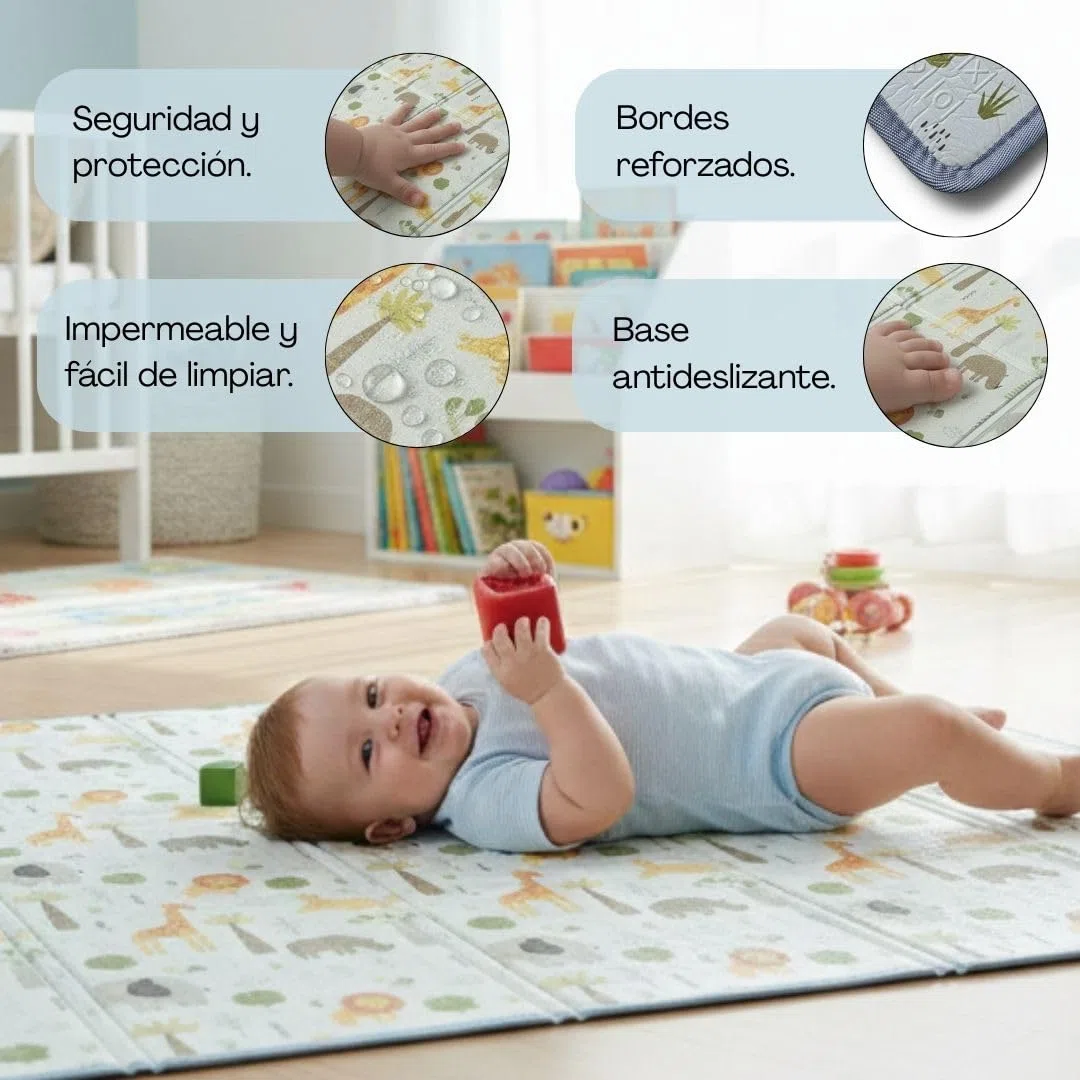 Alfombra de Bebé, Plegable, Extra Grande 200 x 150 cm, Impermeable, Acolchada 1 cm, Reversible, Diseño Educativo con Números y Abecedario, para Gatear y Jugar (Marrón/Animales)