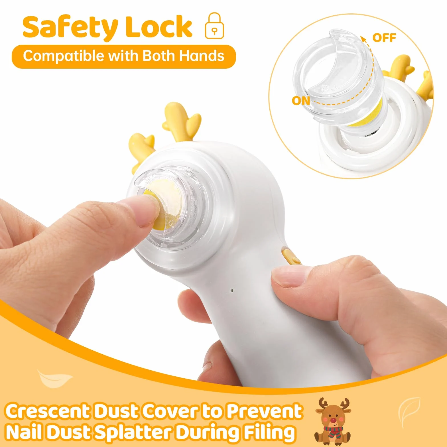 Lima Electrica Uñas Bebe, Lima Uñas Bebe con Cortauñas Bebe, Recargable, Iluminado, 5 Cabezales de Esmerilado, Apto Para Todas Las Edades, Bajo Nivel de Ruido, Fácil de Manejar, Ciervo Amarillo