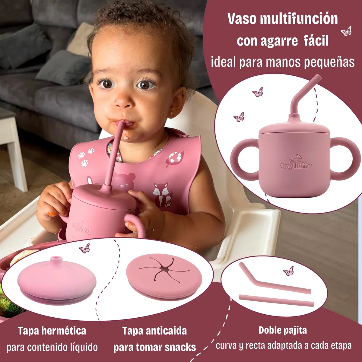 Vajilla Bebe Silicona - Cubiertos Bebe 6 Meses - Platos Bebe Ventosa - Blw Utensilios - Vajilla Infantil - Alimentacion Complementaria Bebe - Cubiertos Infantiles - Babero Silicona Rosa