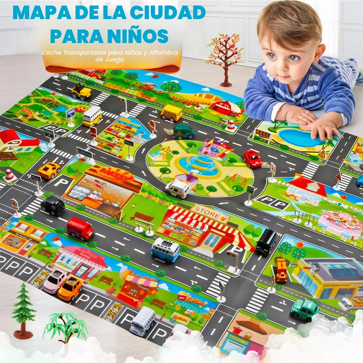 Alfombra de Juguete(39 * 51in/100 * 130cm) Road Playmat Juguete, PVC de plástico para niños, Alfombra Impermeable Ciudad Vida Ideal para Jugar con Coches y Juguetes