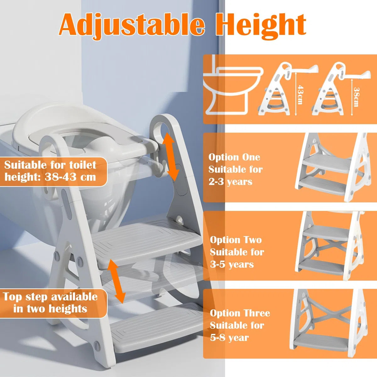 Withosent Adaptador WC Niños con Escalera, Ajustable Altura Reductor WC con PU Cojín, 2 en 1 Plegable Escalera Niños con Antideslizante Taburete, Potty Training Adaptador Baño para Bebé