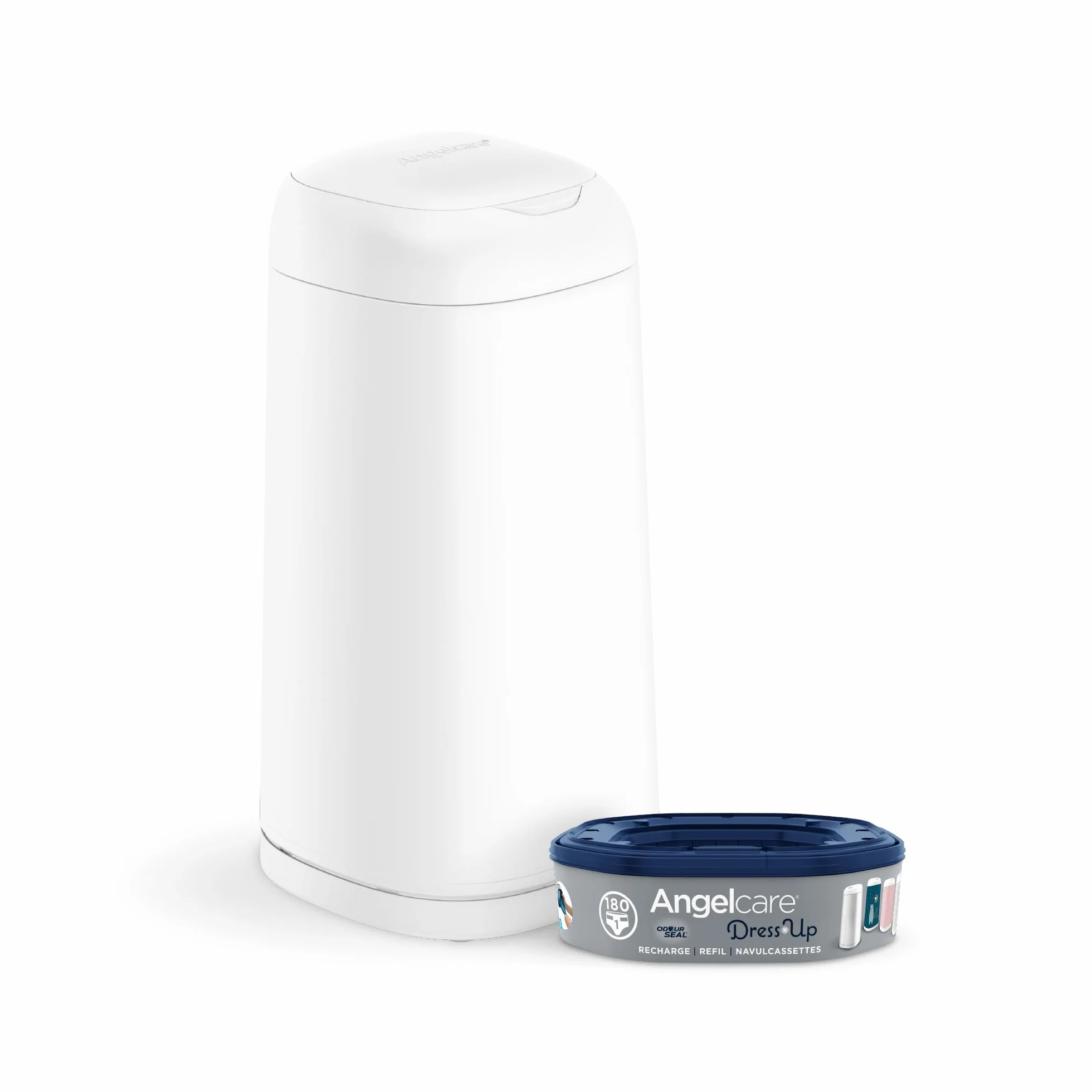 Angelcare - Cubo de basura con pañales y recarga antiolores/gran capacidad, antibacteriano, uso simple, vestir, color blanco