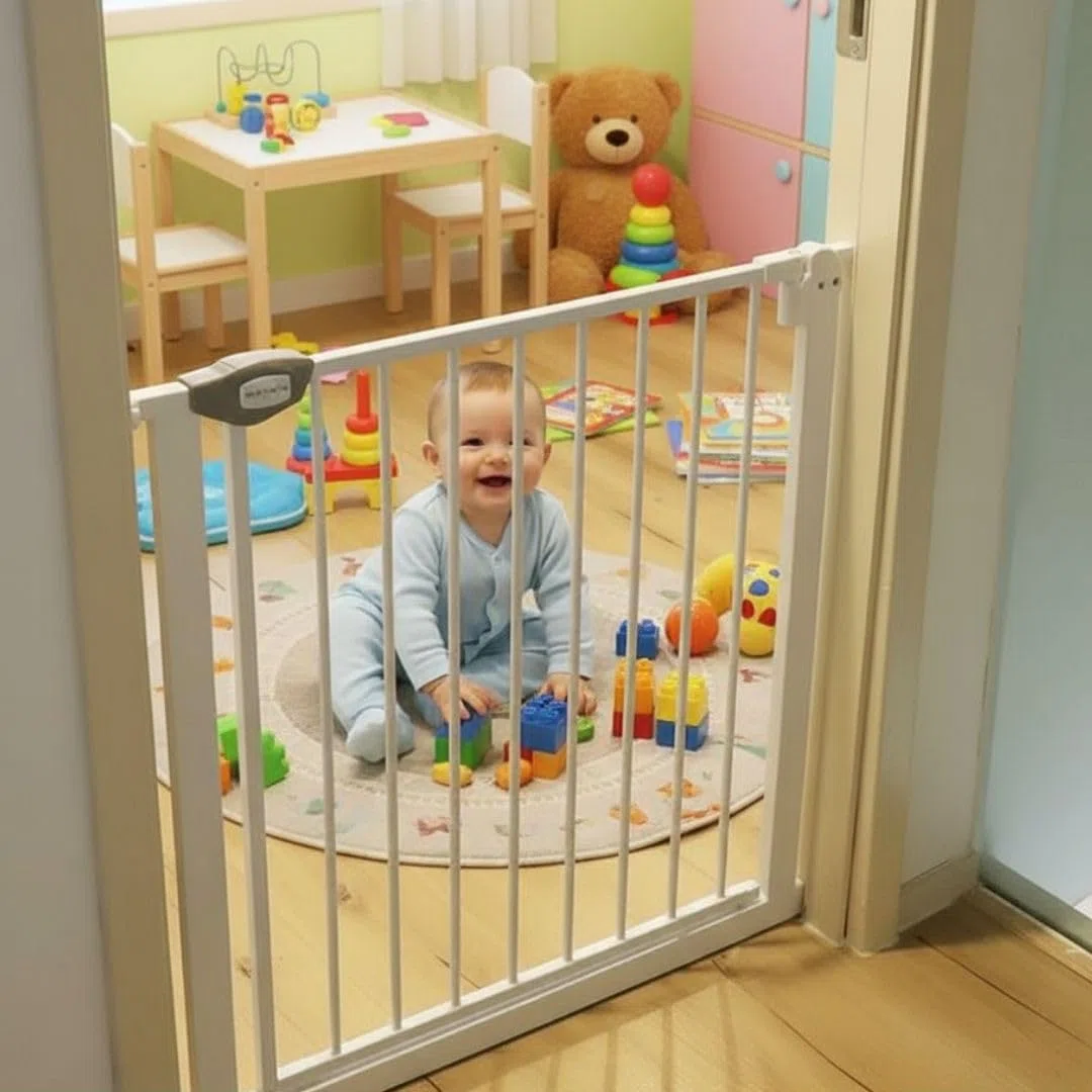 Barrera de Seguridad para Niños y Mascotas, 75-84cm, Instalación Sin Tornillos, Sistema de Cierre Automático, Giro Bidireccional, para Puertas, Pasillos y Escaleras (Blanco, Extensión 80cm)