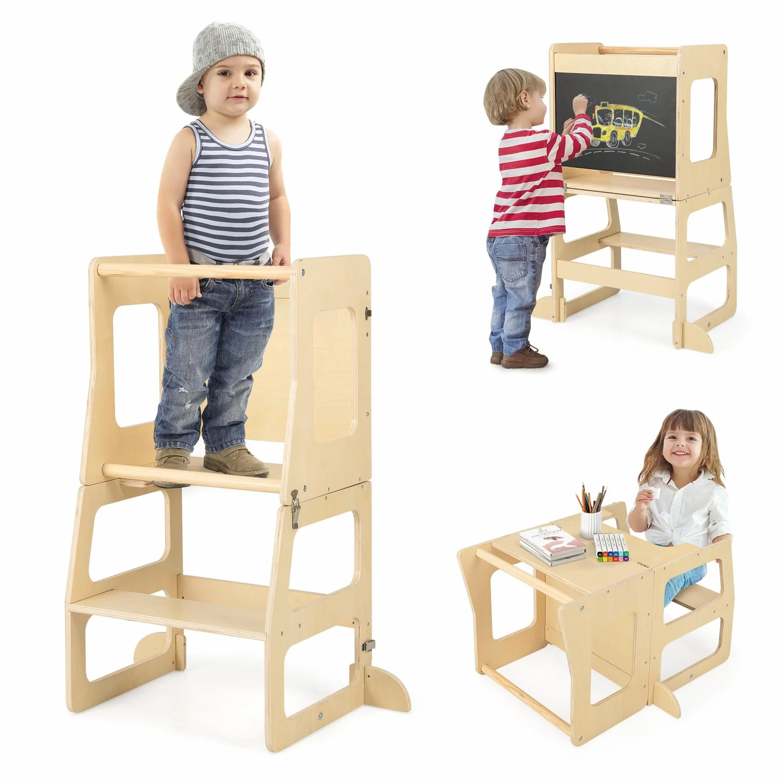 COSTWAY Torre de Aprendizaje Plegable 3 en 1, Taburete Infantil Montessori de Madera con Pizarra, Mesa, Taburete y Barra de Seguridad para Baño Cocina, Juego de Mesa y Silla para Niños