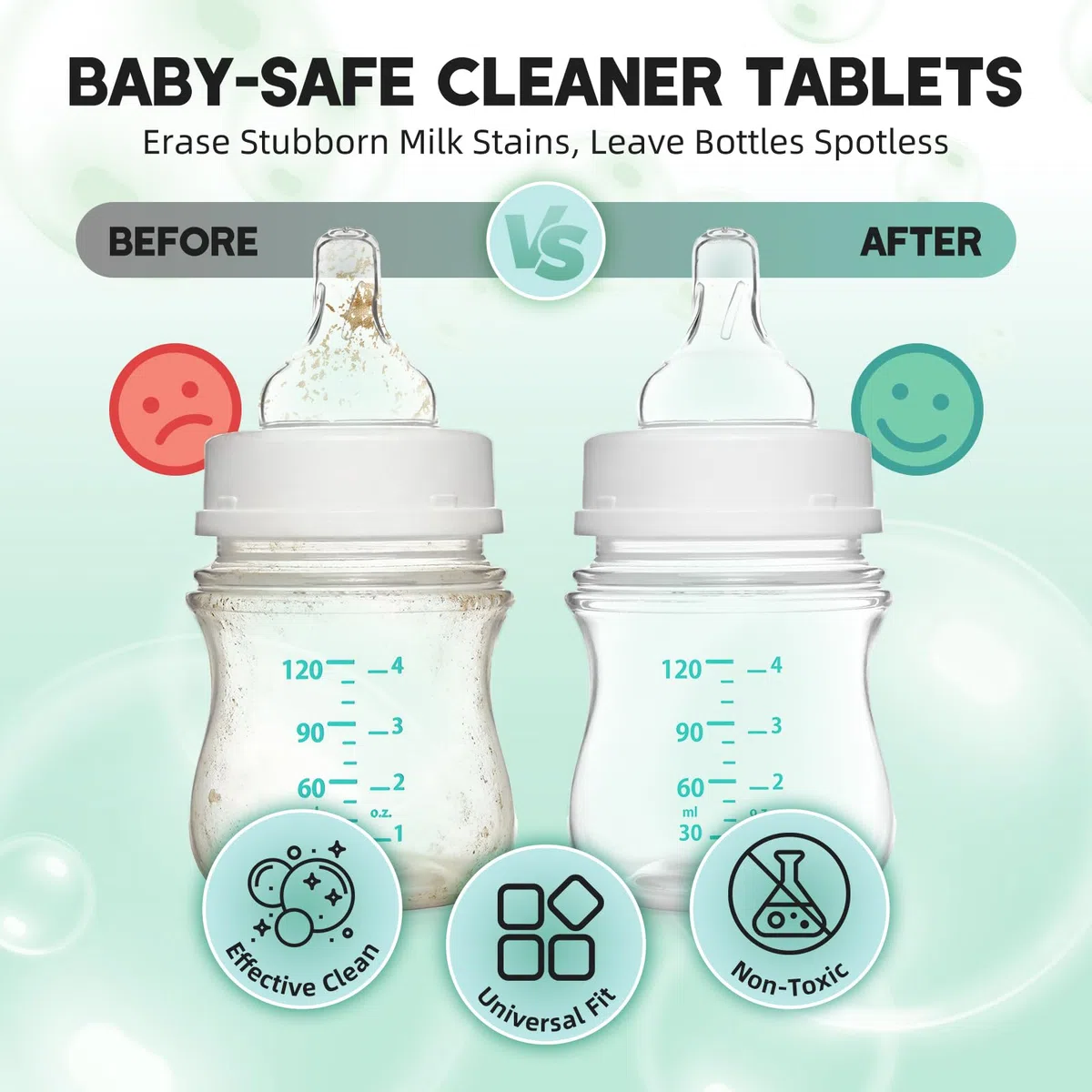 Tabletas detergentes para lavavajillas de biberones de bebé, 150 unidades, fórmula suave de disolución rápida, elimina residuos de leche, grasa y olores, compatible con todas las marcas, apto para lav