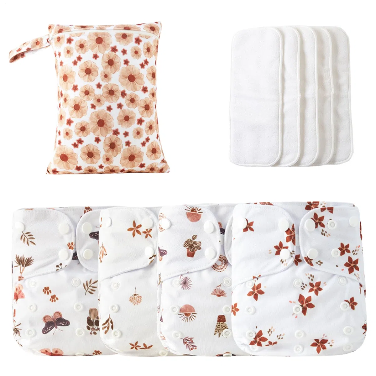 Babygoal Diaper: envoltura de línea de corriente ajustable, revestimientos transpirables, organizador a prueba de fugas | Juego de pañales lavable con 4 inserciones, bolsas de húmedo capas absorbentes